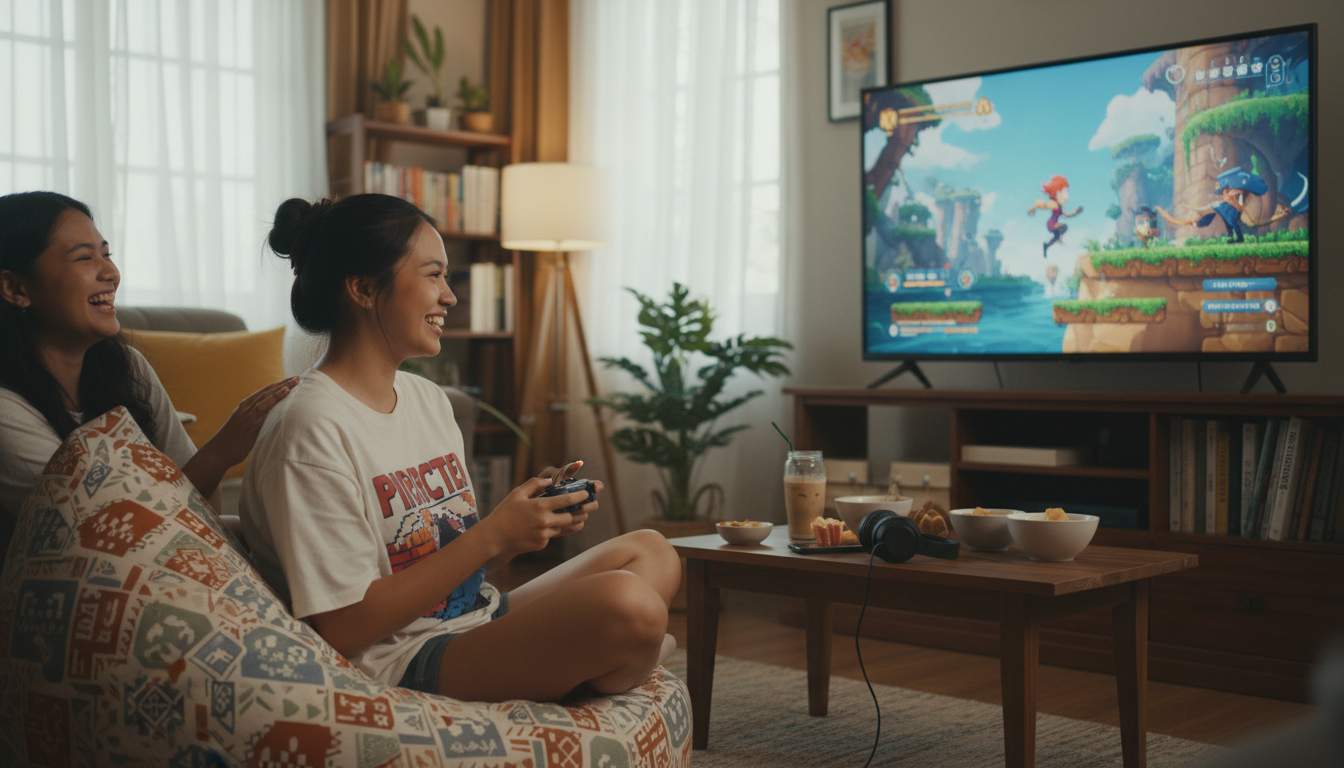 A friendly woman enjoying online gaming